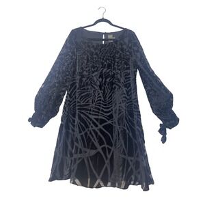 Taylor Black Burnout Velvet Dress Size 14 Long Sleeve Tie Cuff Lined